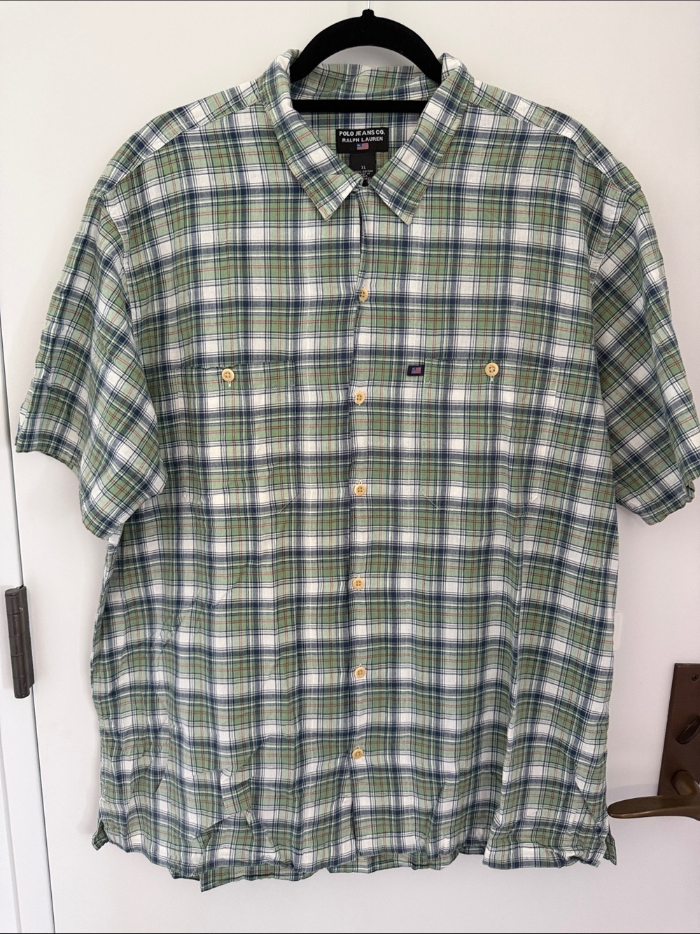 Vintage Polo Jeans Co Ralph Lauren Green White Plaid Short-Slv Button-Down Shirt